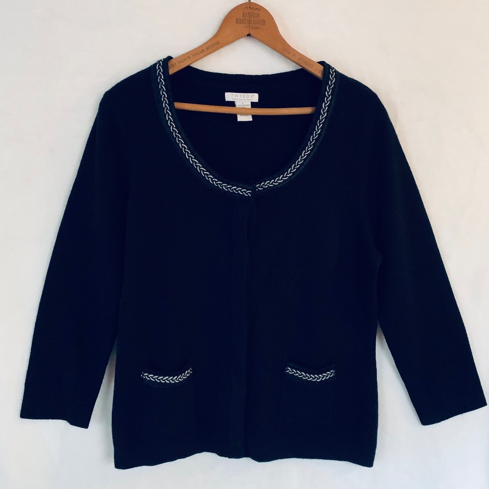 Tweeds Cardigan Women L Black 100% Merino Wool Scoop Neck Braided Silver Trim